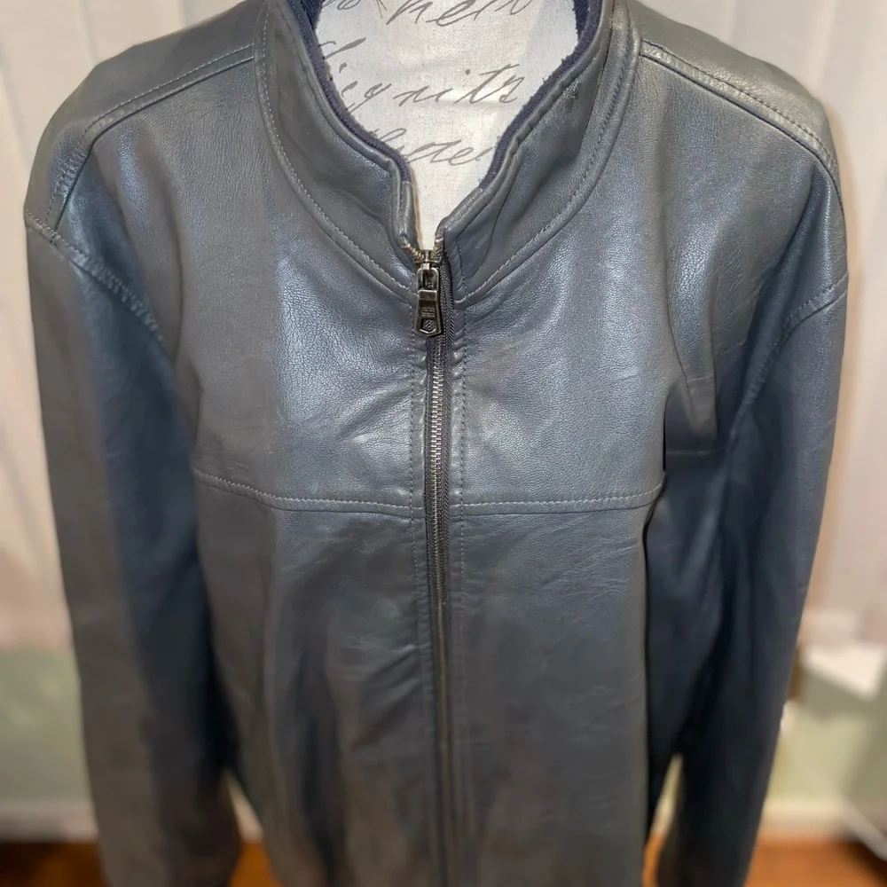 Men’s Gray Leather Motorcycle Jacket Tommy Hilfiger Coat Plus Size 2X - Picture 2 of 8